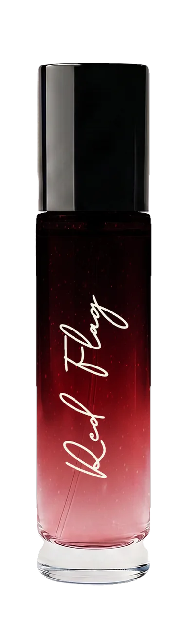 Red Flag Eau de Parfum, 10 ml bottle, side, showing the fragrance name
